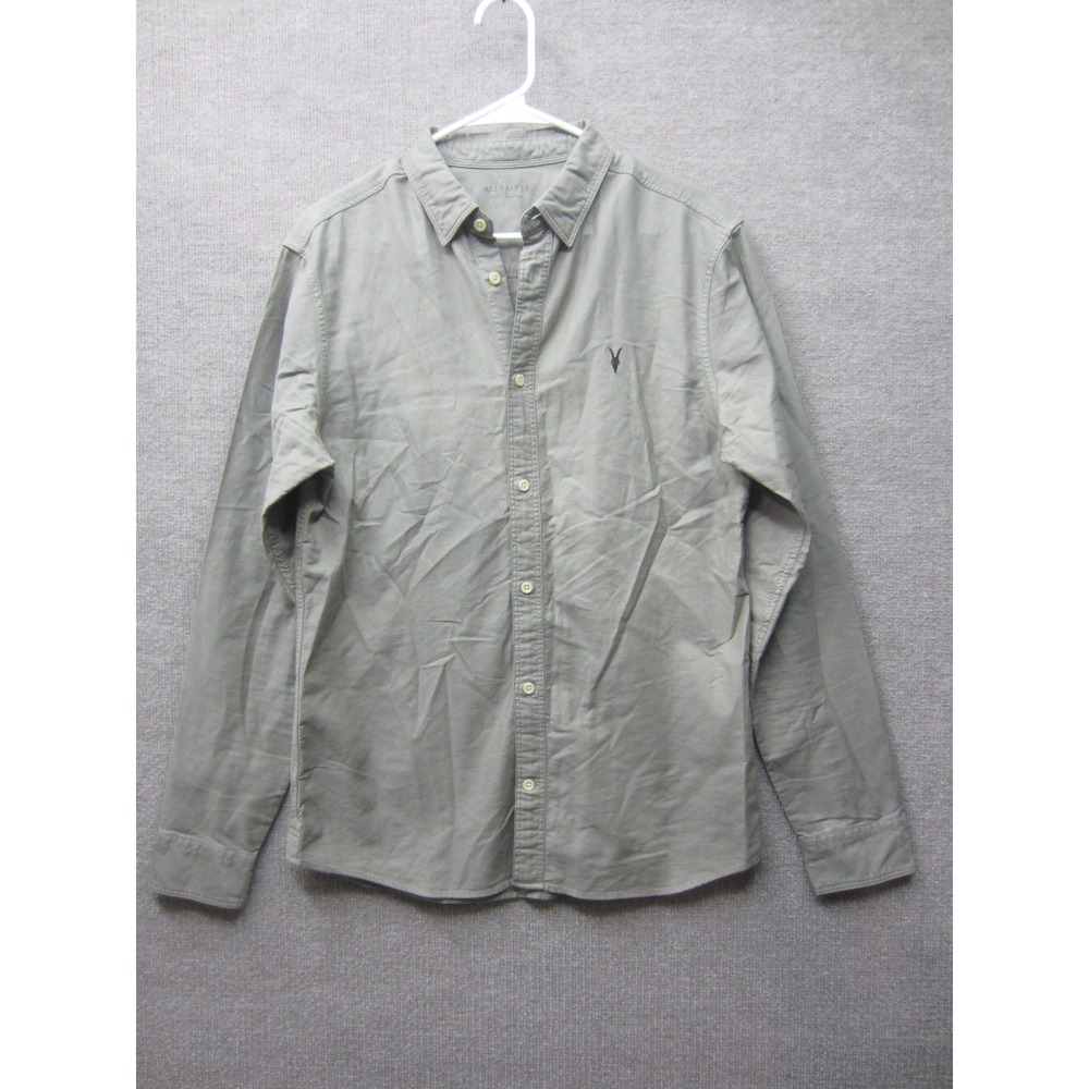 AllSaints Mens Long Sleeve Button Down Shirt Ramskull Logo Green Cotton Size L